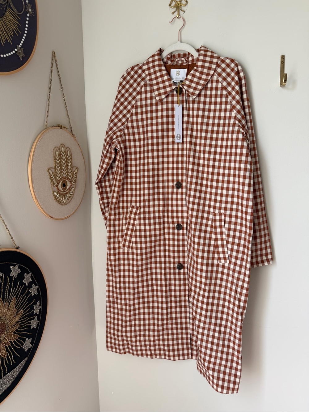 House of Harlow 1960 Brown and White Gingham cotton Trench Coat